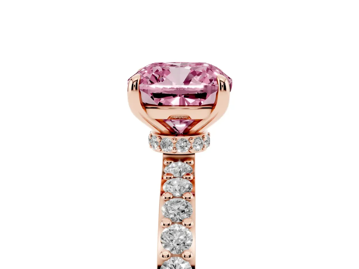Fancy Pink Cushion Cut Diamond Pavé Engagement Ring with Round Accents and Prong Setting Rose gold