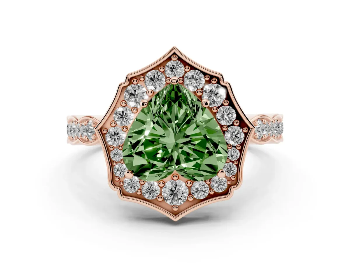 Fancy Green Heart Cut Halo Diamond Engagement Ring with Milgrain Band and Four-Prong Setting Rose gold