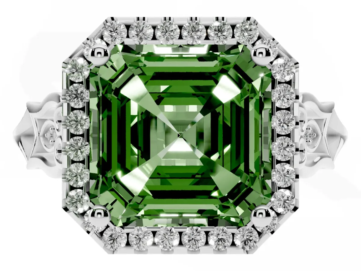Fancy Green Asscher Cut Halo Diamond Engagement Ring with Filigree Band and Four-Prong Setting White gold