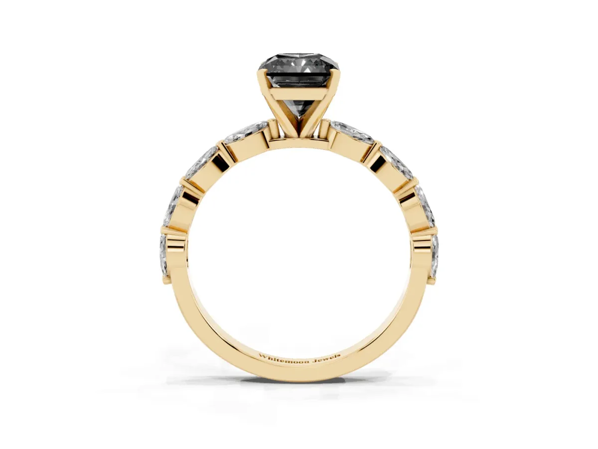 Fancy Black Radiant Cut Diamond Ring with Marquise Side Stones and Prong Setting Yellow gold