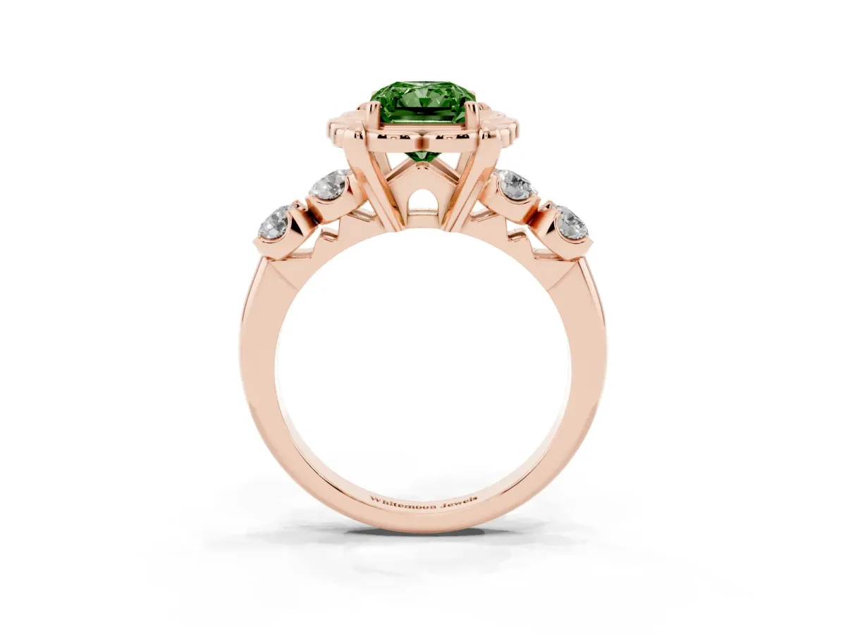 Fancy Green Radiant Cut Cut Diamond Floral Halo Engagement Ring with Shared Prong Setting Rose gold
