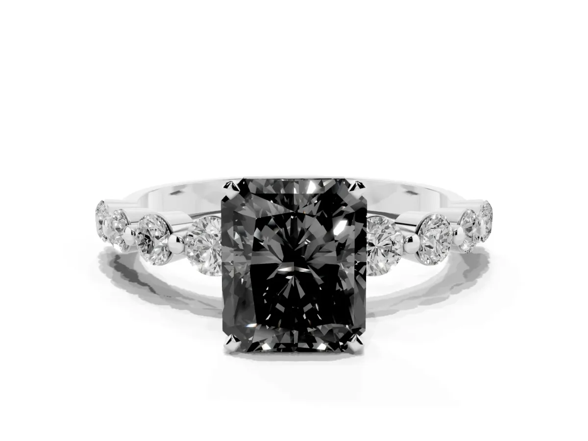 Fancy Black Radiant Cut Solitaire Diamond Ring with Pave Band and Four-Prong Setting Silver