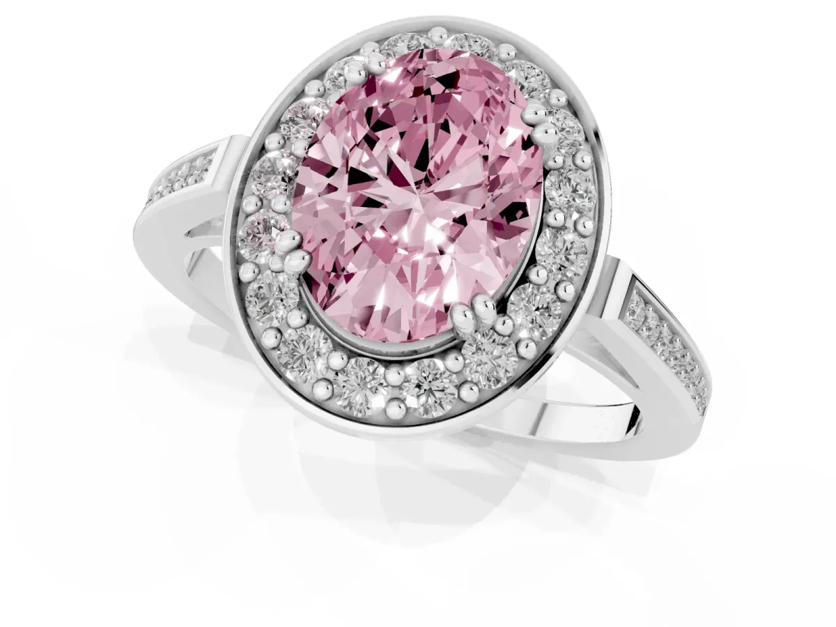 Fancy Pink Oval Cut Diamond Halo Ring with Split Shank and Four-Prong Setting Platinum