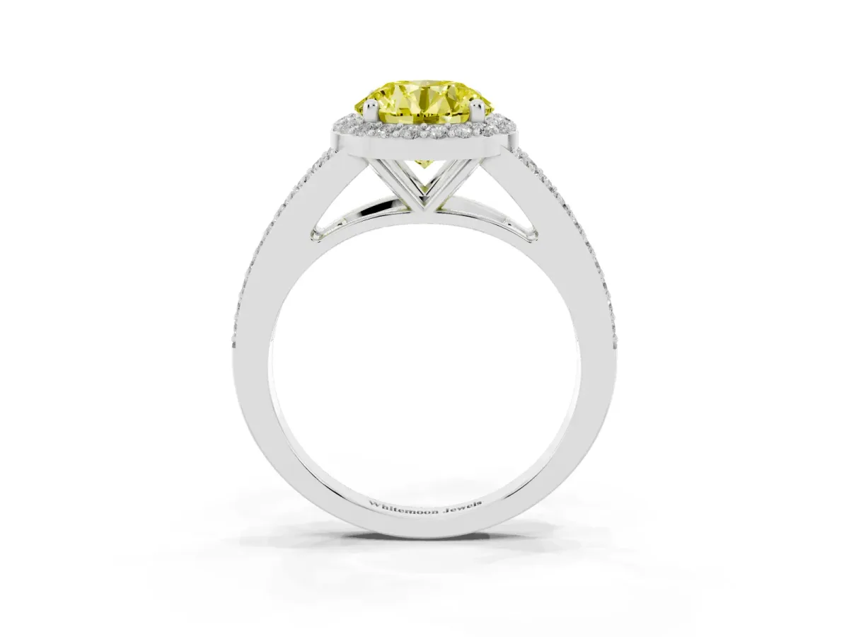 Fancy Yellow Round Cut Halo Split Shank Diamond Ring with Prong Setting Silver