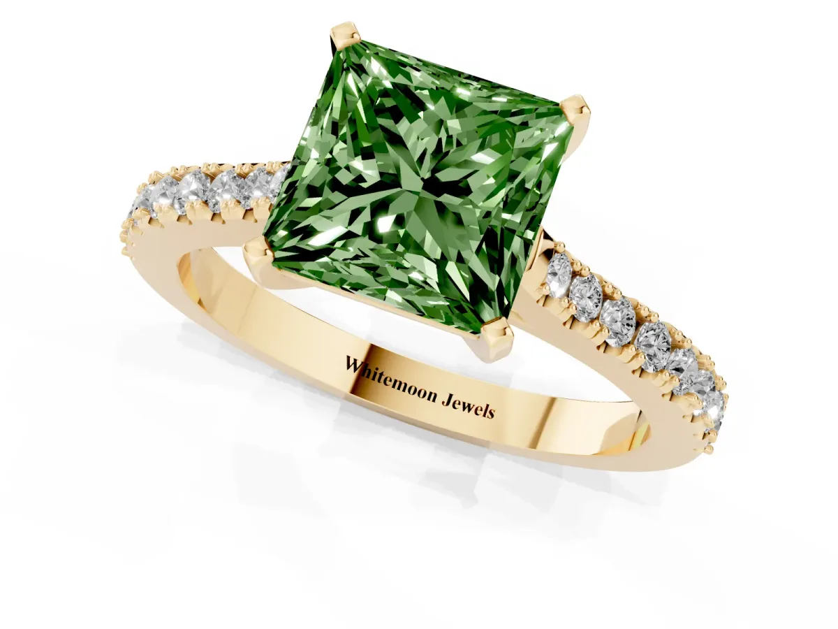 Fancy Green Princess Cut Cut Solitaire Diamond Engagement Ring with Pave Band and Four-Prong Setting Yellow gold