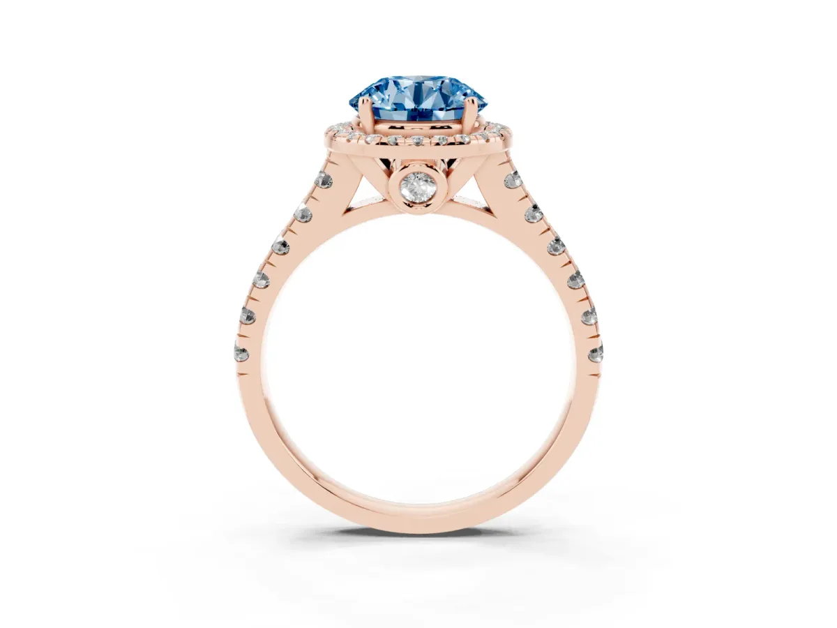 Fancy Blue Round Cut Halo Pavé Diamond Engagement Ring with Four-Prong Setting Rose gold