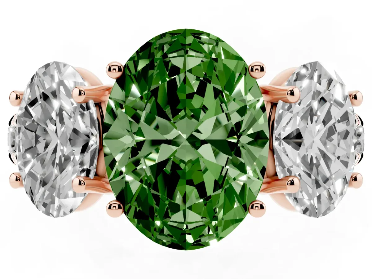 Fancy Green Three-Stone Oval Cut Diamond Pavé Band with Prong Setting Rose gold