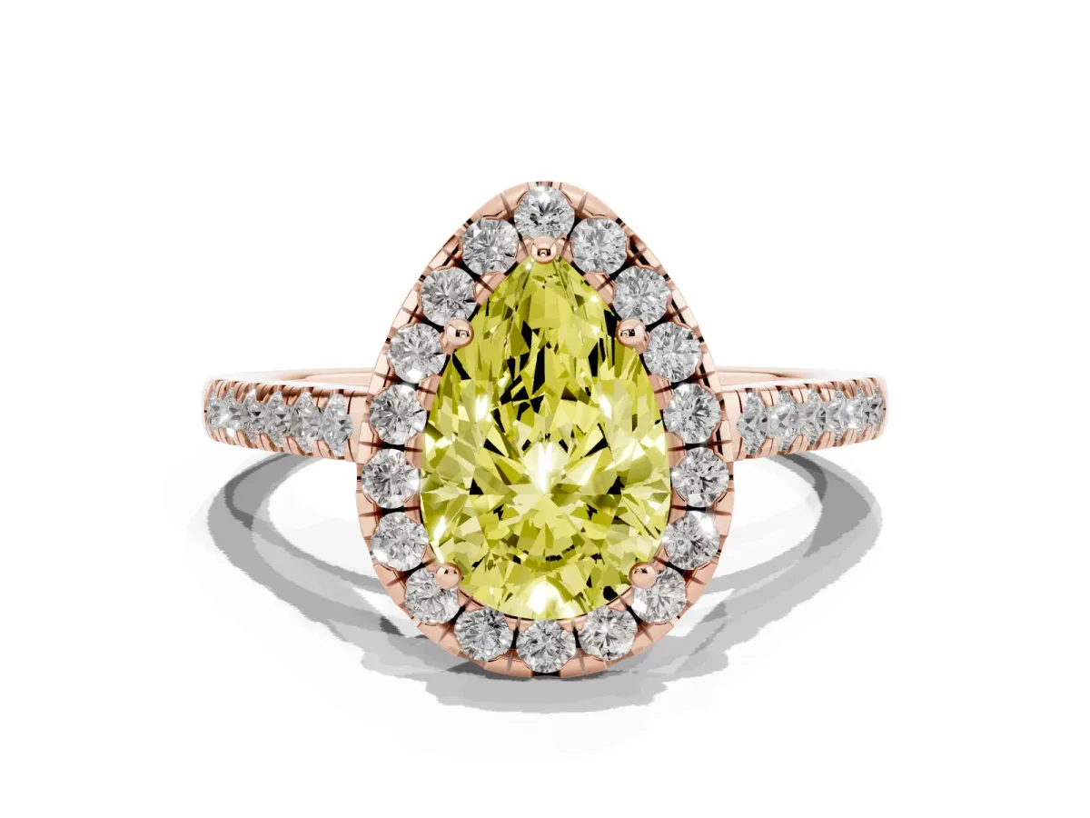 Fancy Yellow Pear Cut Halo Pave Diamond Engagement Ring with Four-Prong Setting Rose gold