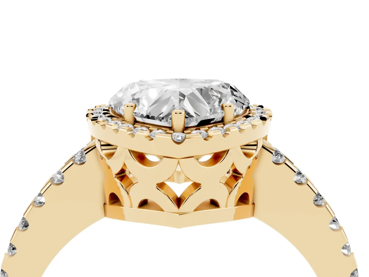 Heart Cut Diamond Halo Engagement Ring with Pavé Band and Prong Setting Yellow gold