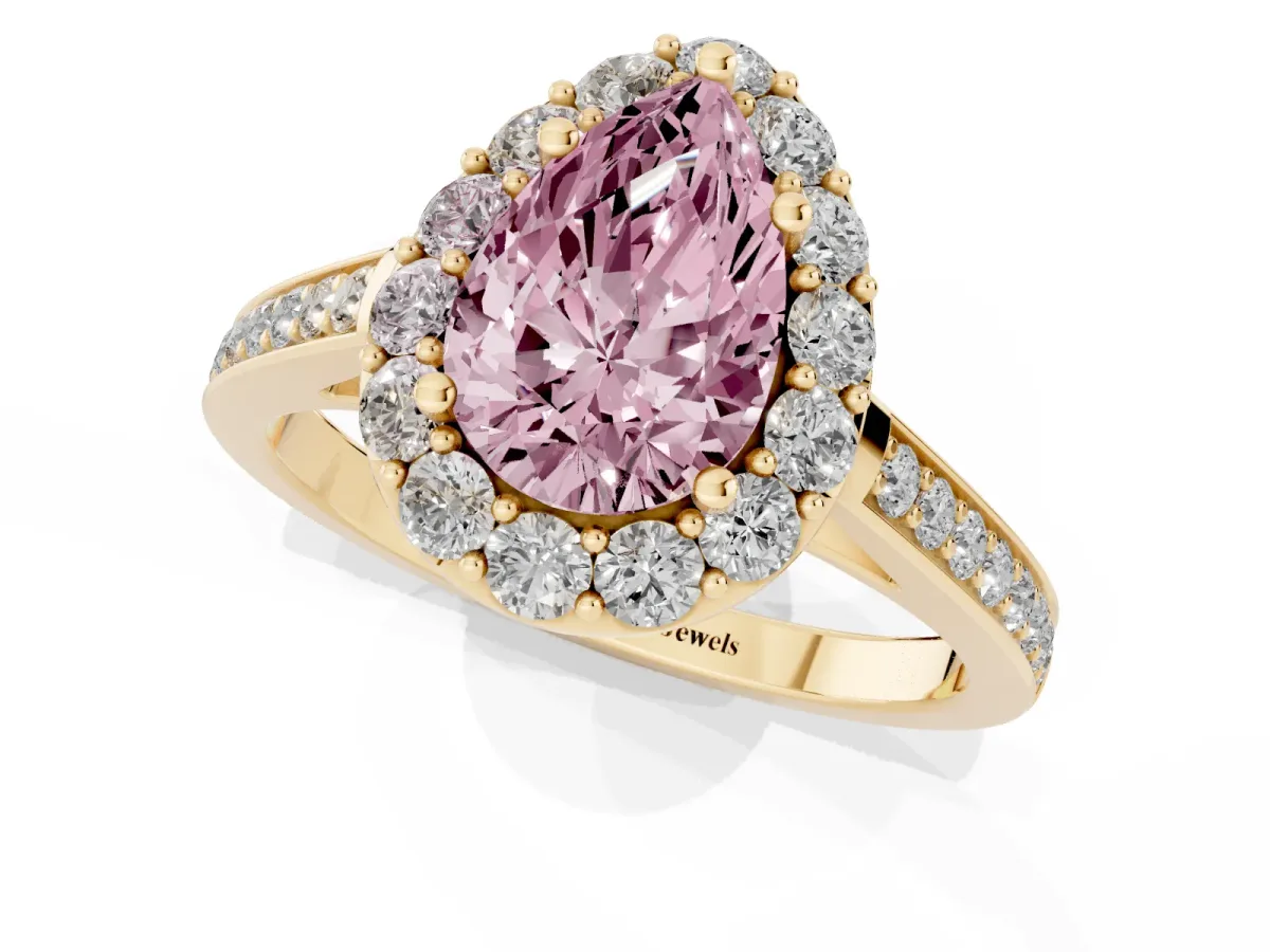 Fancy Pink Pear Cut Diamond Floral Halo Ring with Pavé Band and Prong Setting Yellow gold
