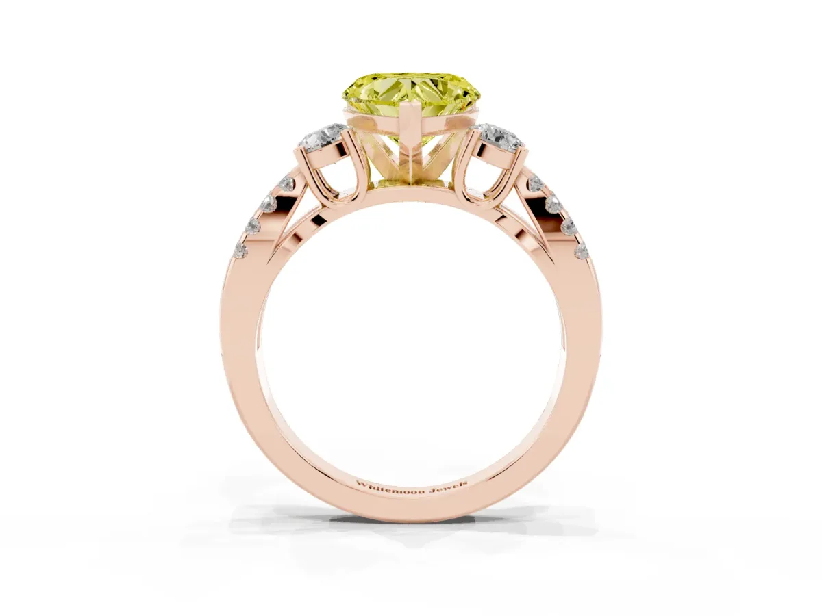 Fancy Yellow Heart Cut Diamond Three-Stone Ring with Pavé Split Shank and Four-Prong Setting Rose gold