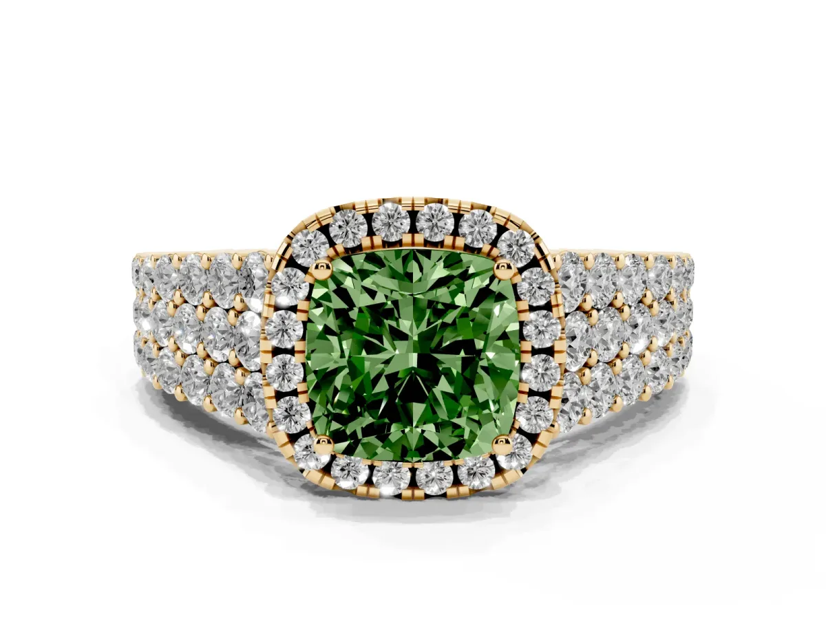 Fancy Green Cushion Cut Diamond Halo Engagement Ring with Triple Row Round Pavé Band and Prong Setting Yellow gold