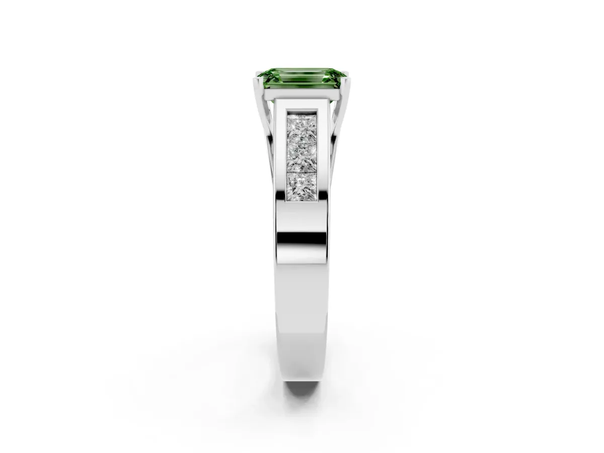 Fancy Green Emerald Cut Cut Channel Set Solitaire Ring with Four-Prong Setting Silver