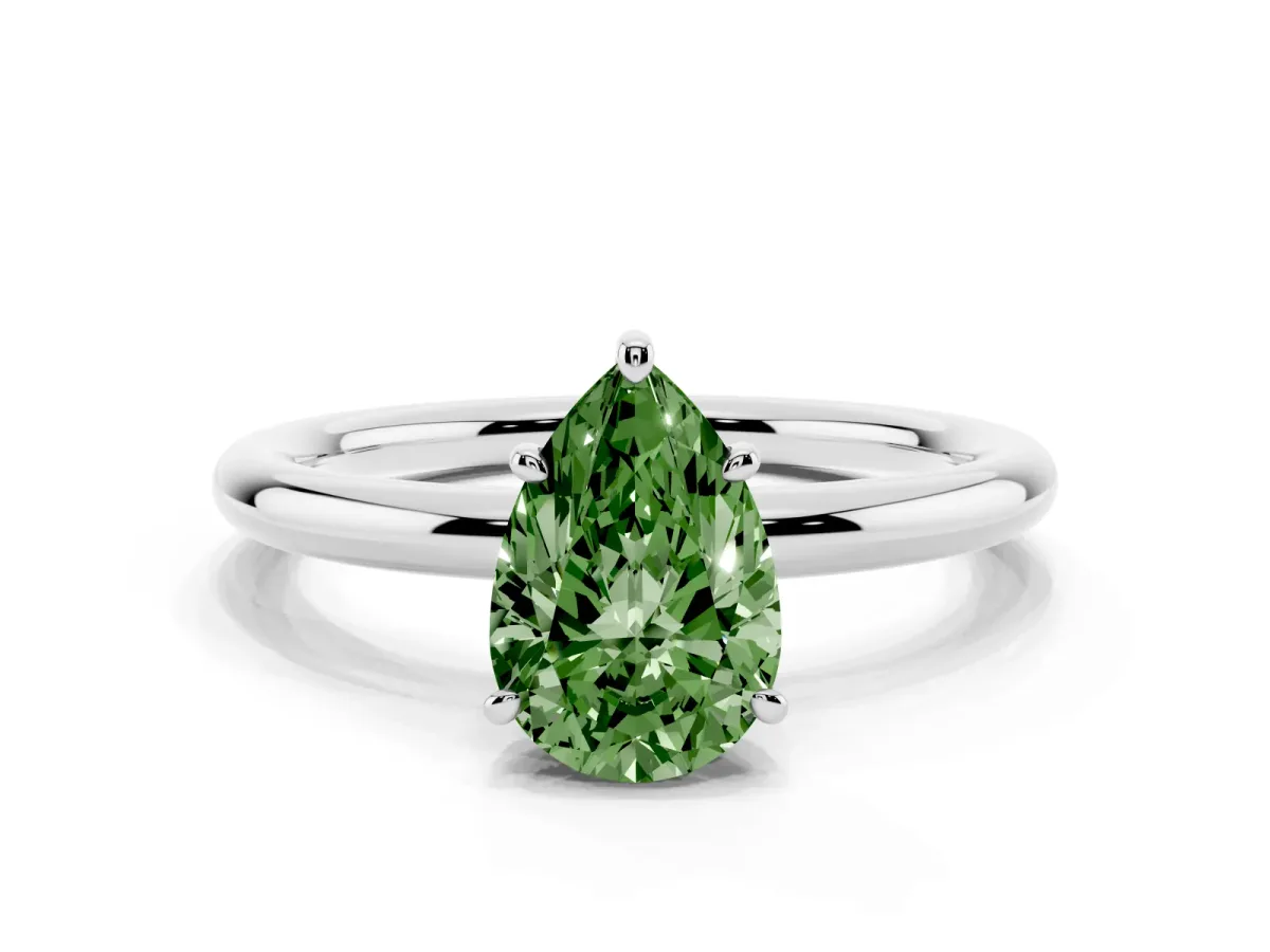 Fancy Green Pear Cut Solitaire Diamond Ring with Four-Prong Setting on a Plain Band Platinum