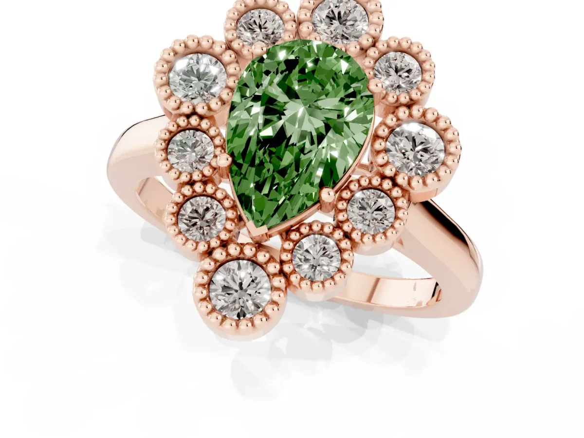 Fancy Green Pear Cut Halo Diamond Cluster Engagement Ring with Milgrain Bezel Setting and Solitaire Band Rose gold