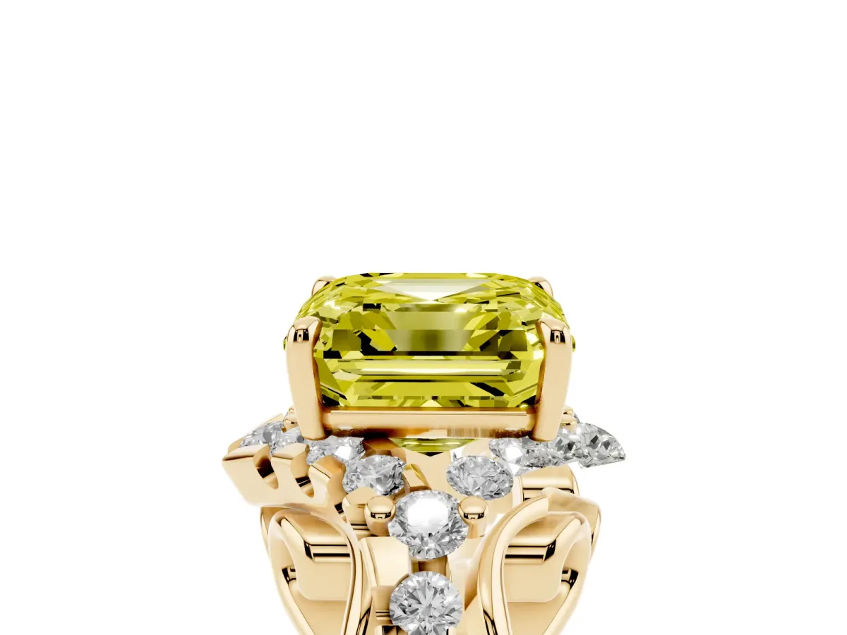 Fancy Yellow Asscher Cut Diamond Solitaire Ring with Hidden Halo and Pavé Band Yellow gold