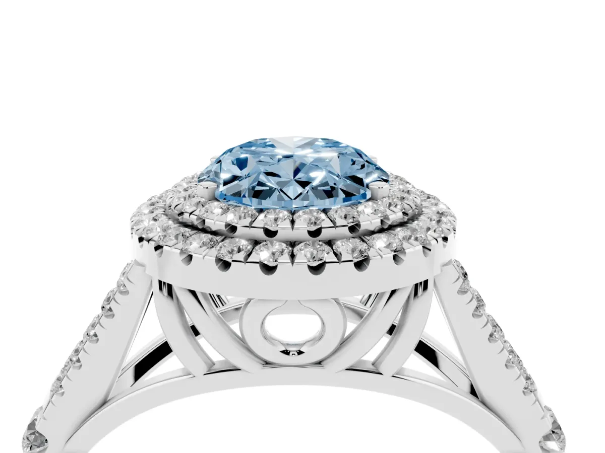 Fancy Blue Oval Cut Cut Double Halo Split Shank Diamond Ring with Prong Setting Silver