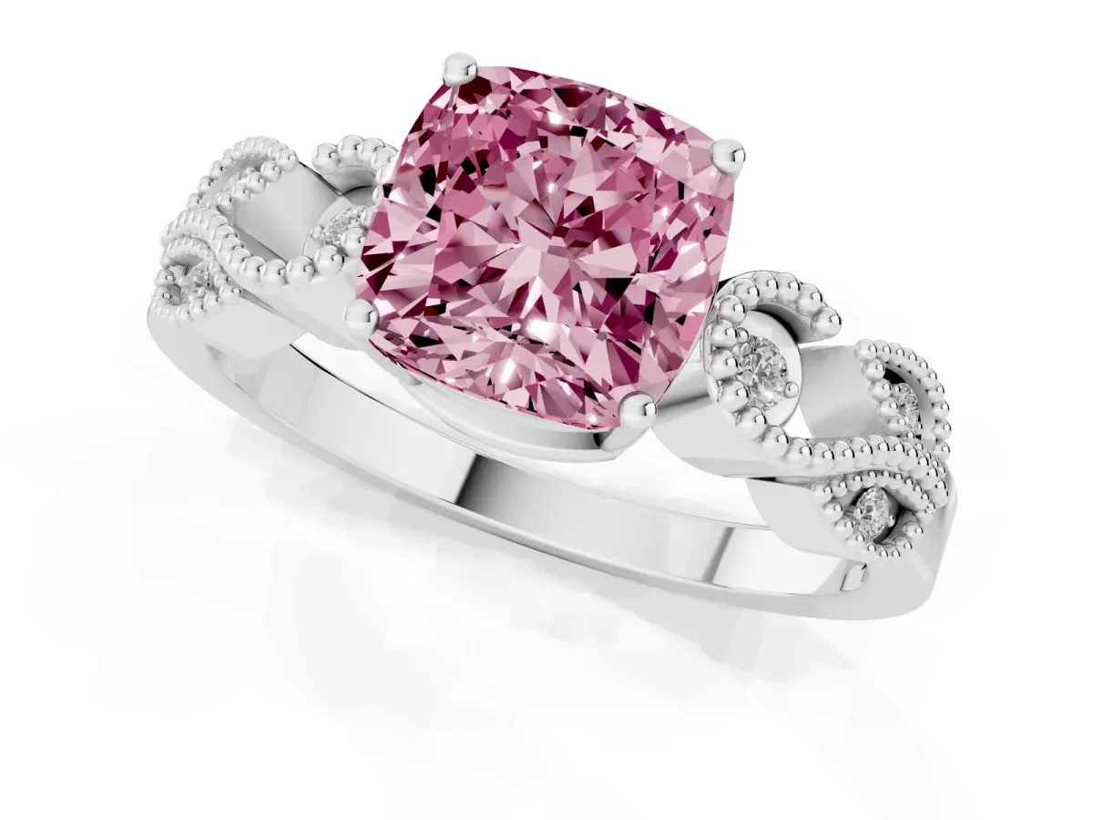 Fancy Pink Cushion Cut Solitaire Milgrain Leaf Band with Prong Setting Silver