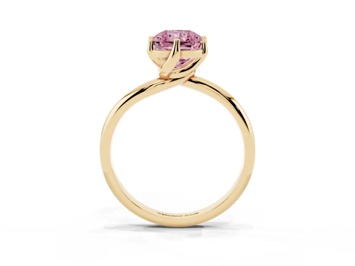 Fancy Pink Radiant Cut Diamond Solitaire Engagement Ring with Four-Prong Setting and Classic Band Yellow gold
