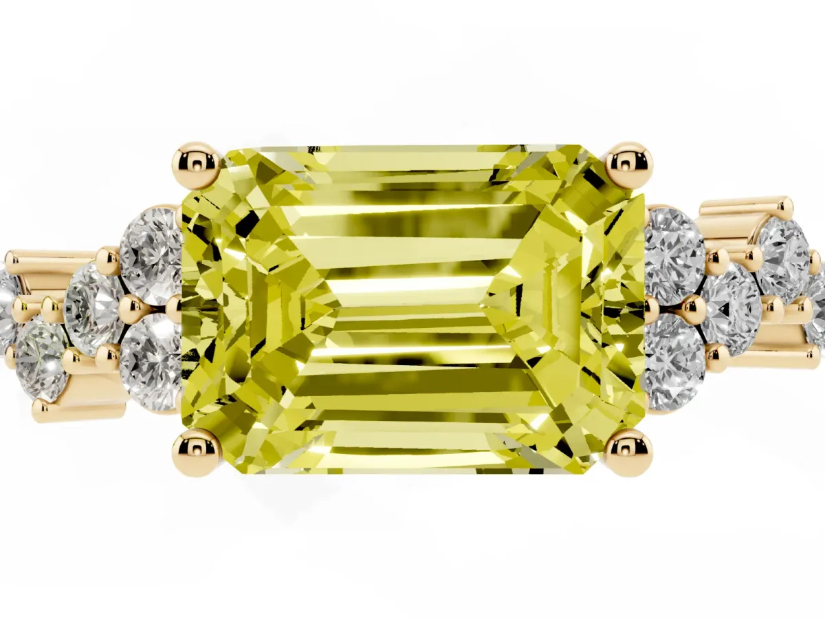 Fancy Yellow Emerald Cut Diamond Scattered Round Accent Ring with Prong Setting Yellow gold