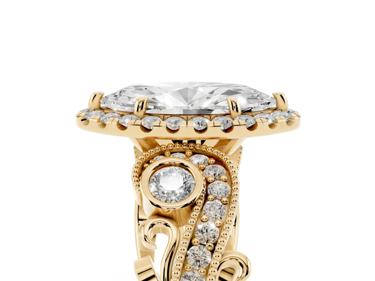 Marquise Cut Halo Diamond Ring with Milgrain and Bezel Accents on a Split Shank Band Yellow gold