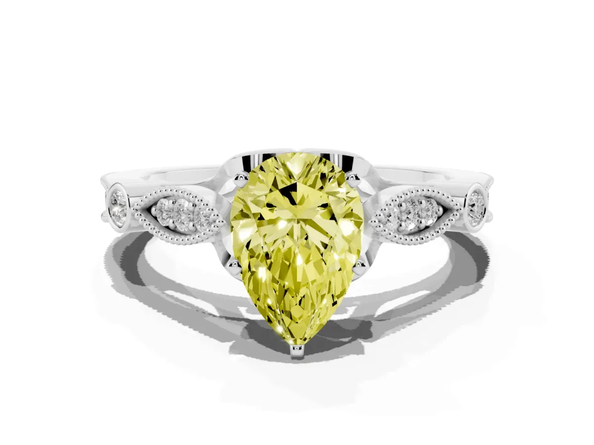Fancy Yellow Pear Cut Cut Diamond with Milgrain Marquise and Bezel Accents on a Solitaire Band with Prong Setting Silver