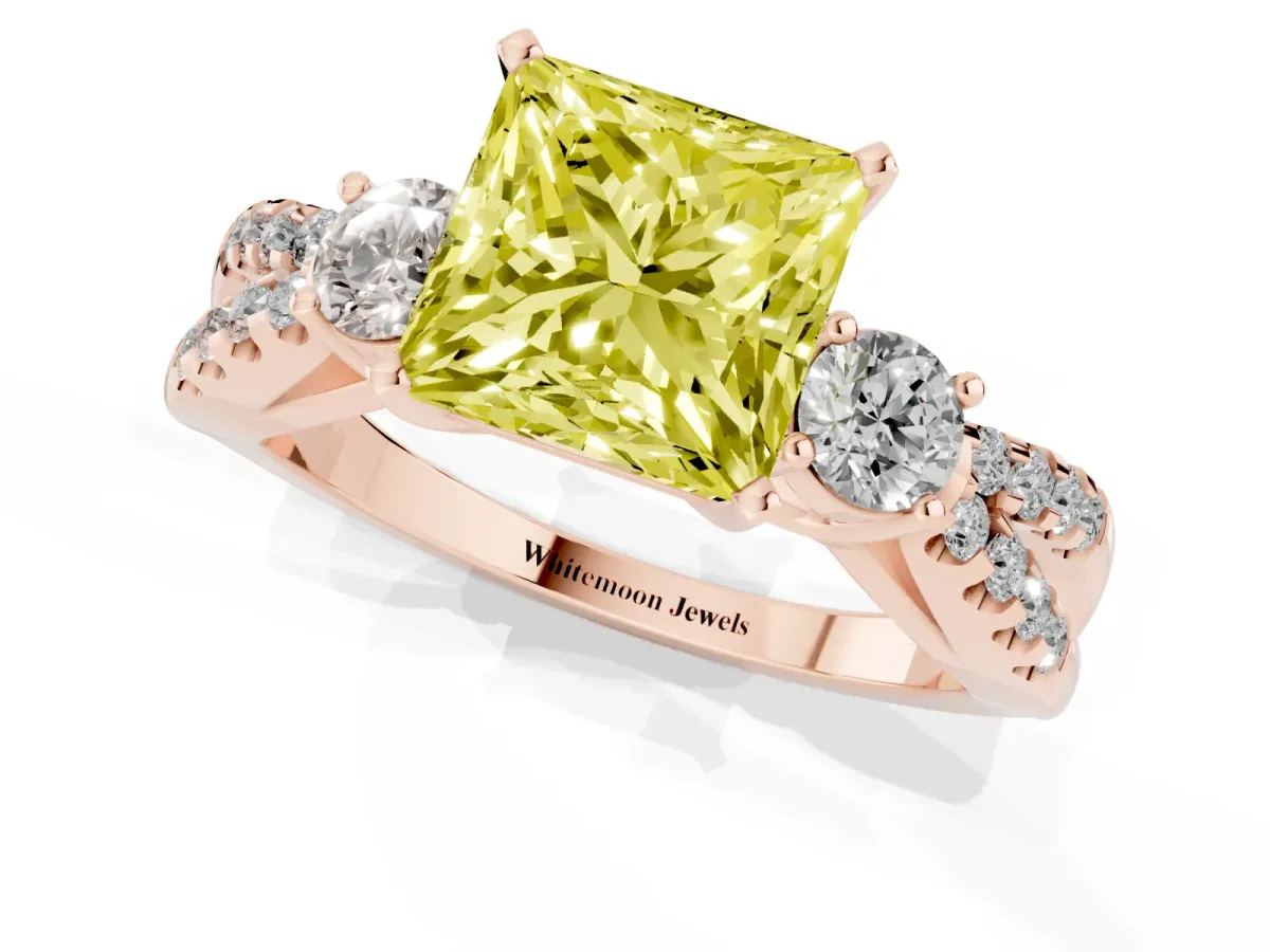 Fancy Yellow Princess Cut Diamond Three-Stone Ring with Pavé Split Shank and Four-Prong Setting Rose gold