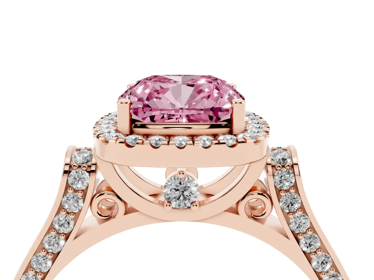 Fancy Pink Cushion Cut Halo Pave Split Shank Prong Setting Ring Rose gold