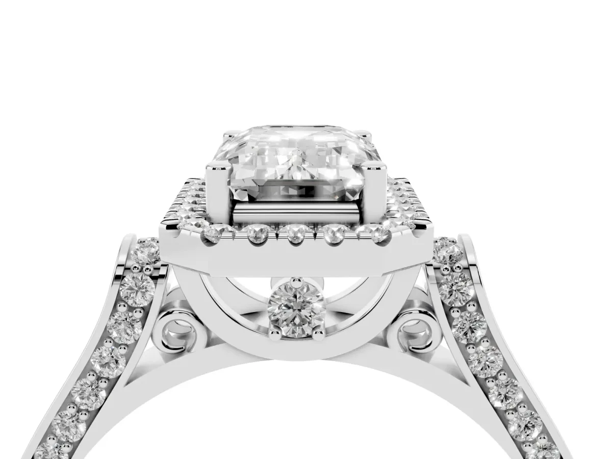 Emerald Cut Halo Round Diamond Twist Band with Four-Prong Setting Silver
