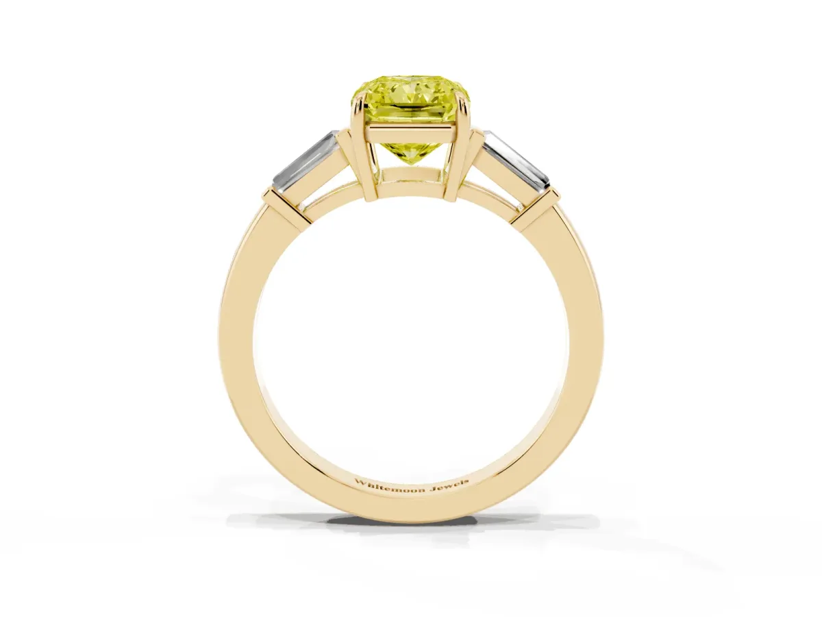 Fancy Yellow Radiant Cut Diamond Three-Stone Ring with Tapered Baguette Side Stones and Prong Setting Yellow gold