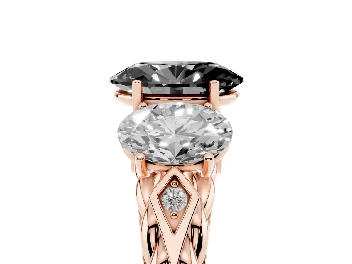 Fancy Black Three-Stone Oval Cut Diamond Braided Band Ring with Four-Prong Setting Rose gold
