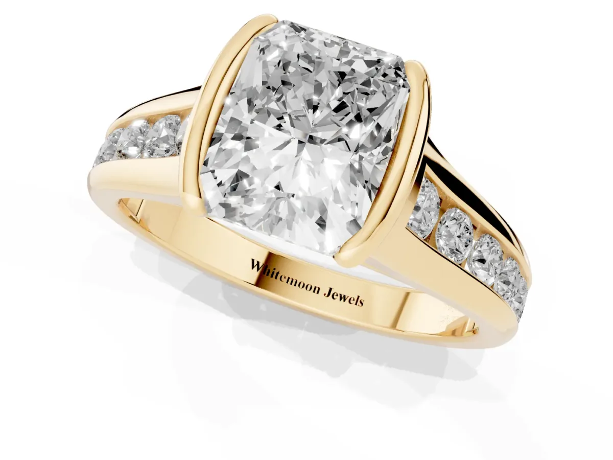 Radiant Cut Solitaire Bezel-Set Diamond Ring with Channel-Set Band Yellow gold