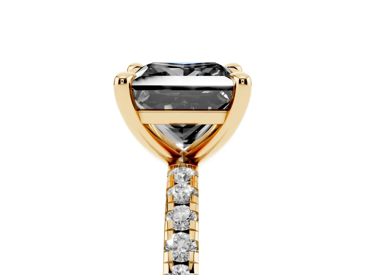 Fancy Black Princess Cut Diamond Brilliant Solitaire Ring with Pavé Band and Four-Prong Setting Yellow gold