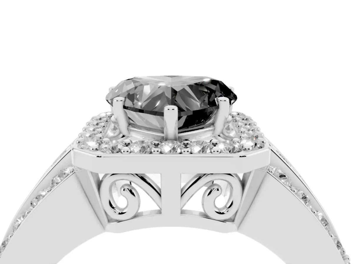 Fancy Black Heart Cut Halo Diamond Ring with Round Split Shank and Prong Setting Silver