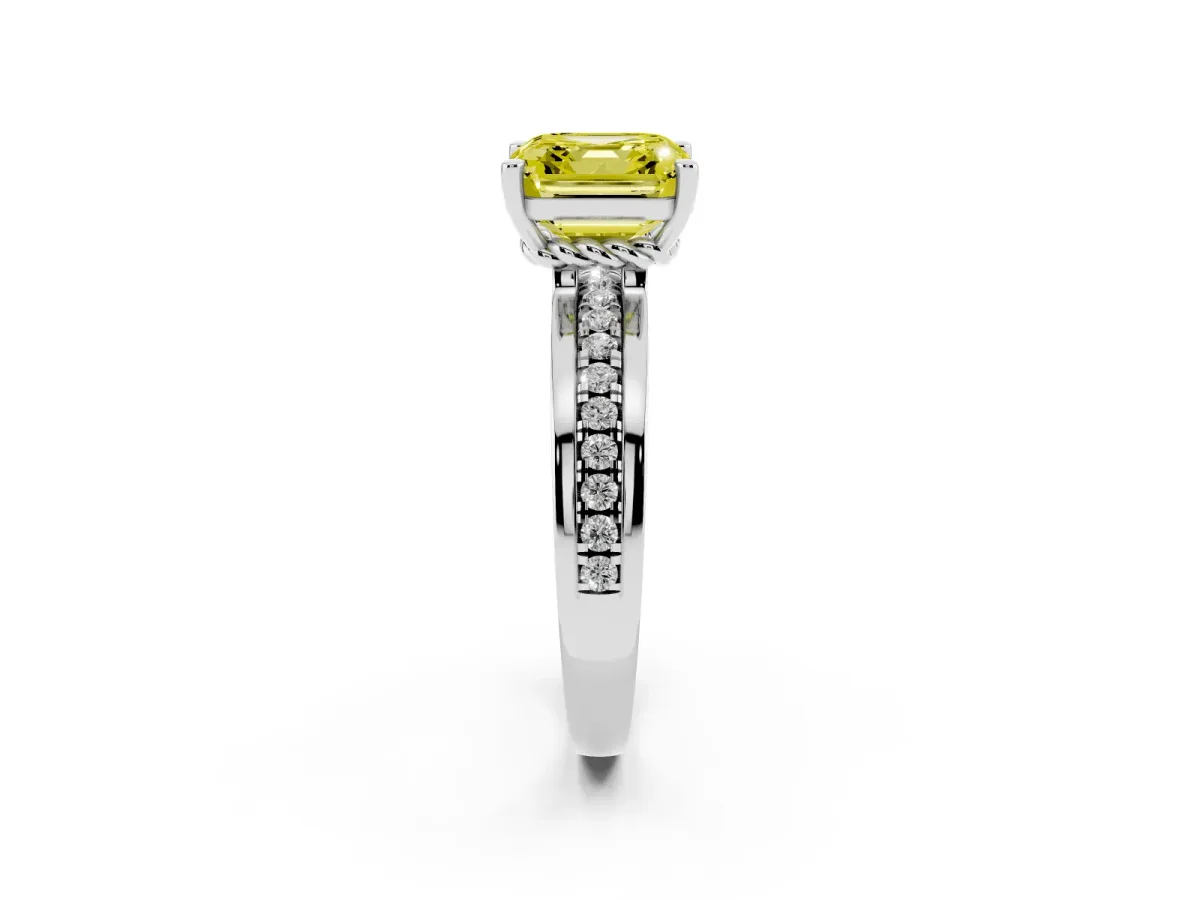 Fancy Yellow Asscher Cut Solitaire Diamond Ring with Channel Set Band and Six-Prong Setting White gold