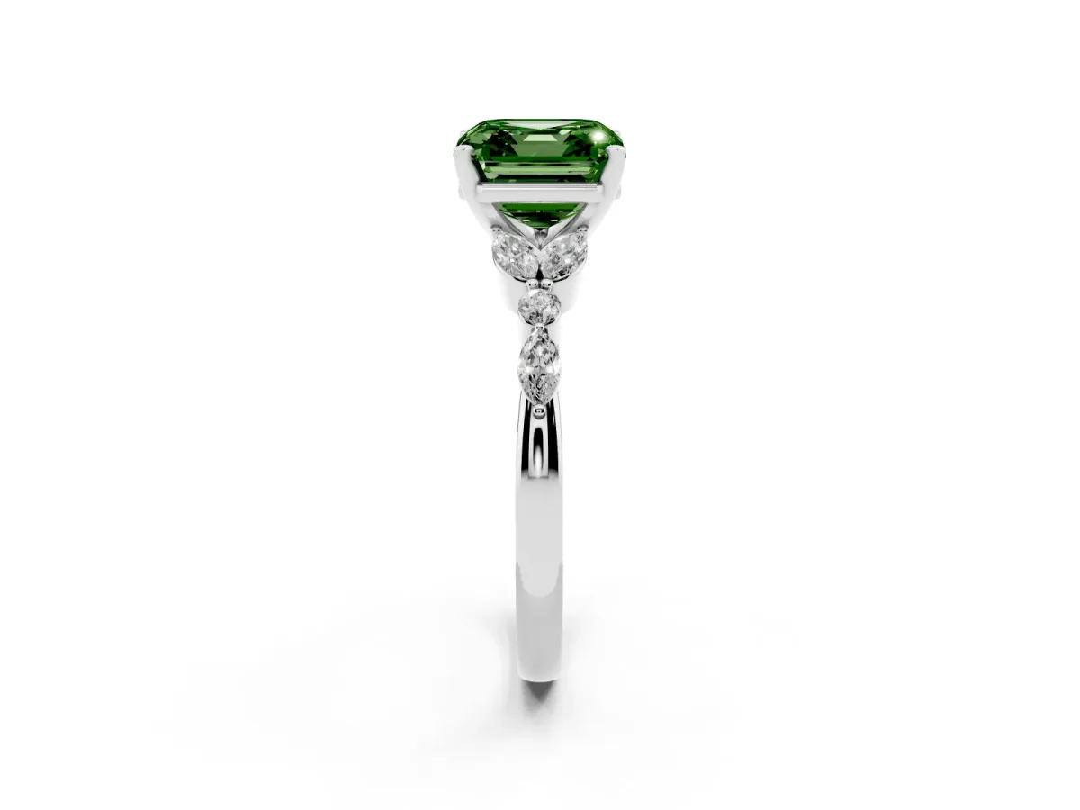 Fancy Green Asscher Cut Diamond Solitaire Ring with Side Stones and Four-Prong Setting Silver