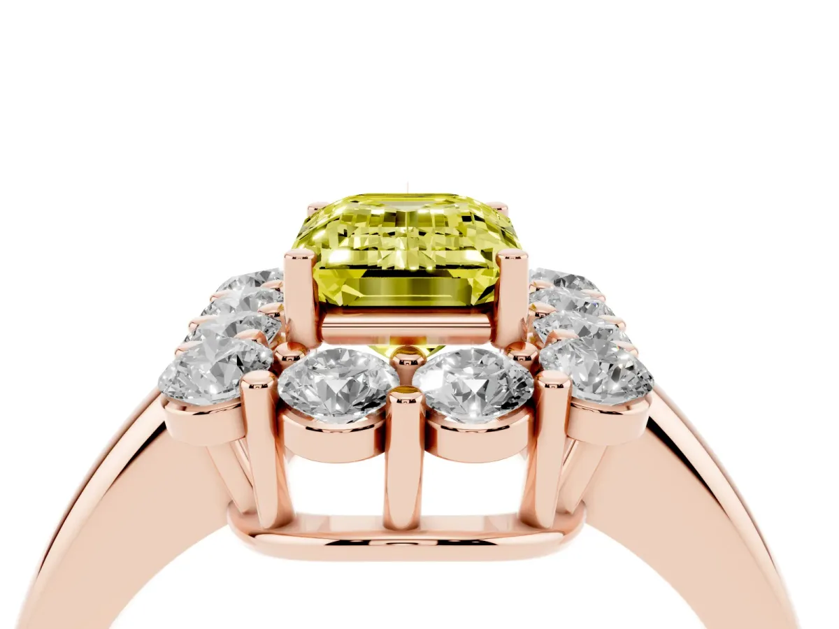 Fancy Yellow Emerald Cut Halo Cluster Diamond Engagement Ring with Prong Setting and Polished Band Rose gold
