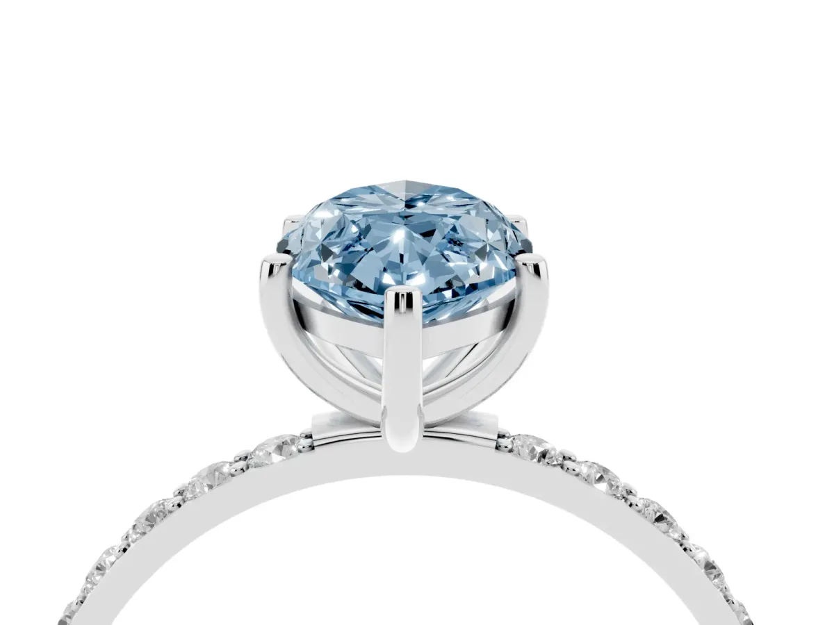 Fancy Blue Marquise Cut Diamond Solitaire Ring with Round Pavé Shoulders and Prong Setting Silver