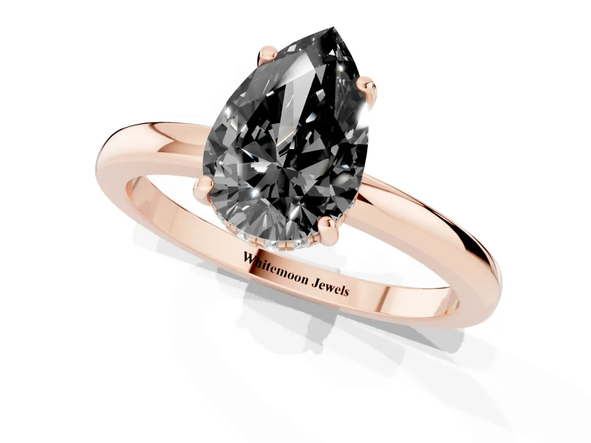 Fancy Black Pear Cut Solitaire Diamond Ring with Prong Setting and Plain Band Rose gold