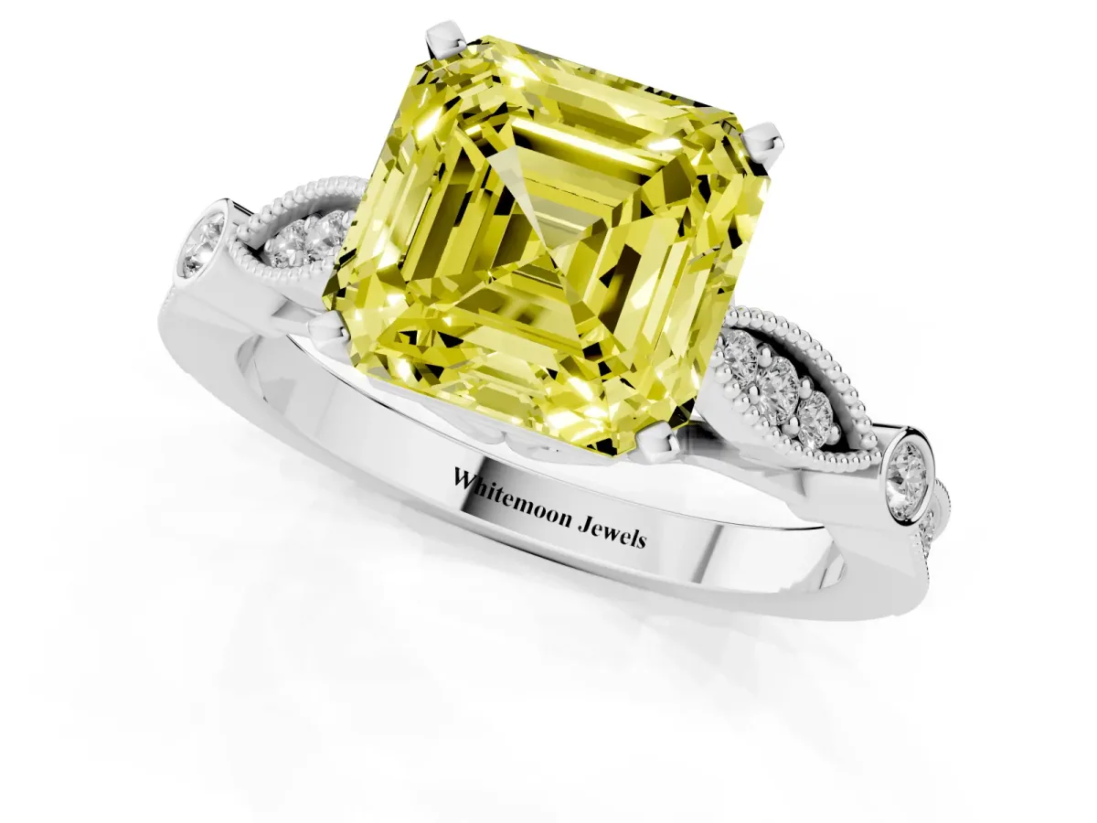 Fancy Yellow Asscher Cut Cut Diamond with Milgrain Marquise and Bezel Accents on a Solitaire Band with Prong Setting White gold