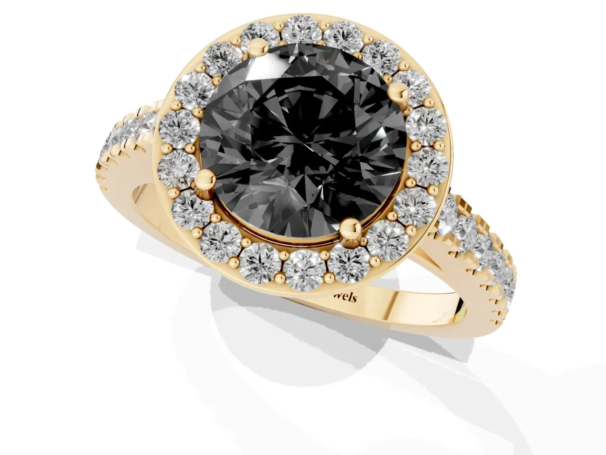 Fancy Black Round Cut Diamond Halo Ring with Round Pavé Split Shank and Prong Setting Yellow gold