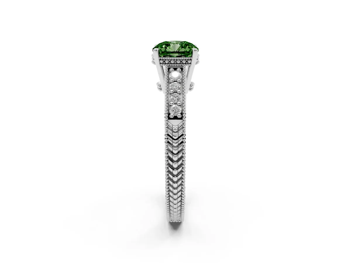 Fancy Green Cushion Cut Solitaire Pavé Diamond Milgrain Engagement Ring with Four-Prong Setting Silver