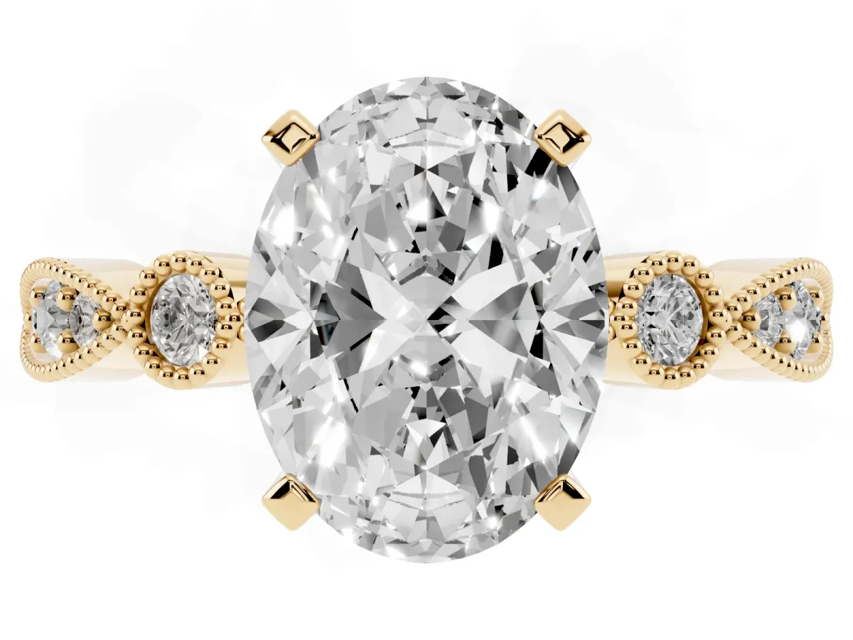 Oval Cut Milgrain Bezel Diamond Engagement Ring with Solitaire Prong Setting Yellow gold