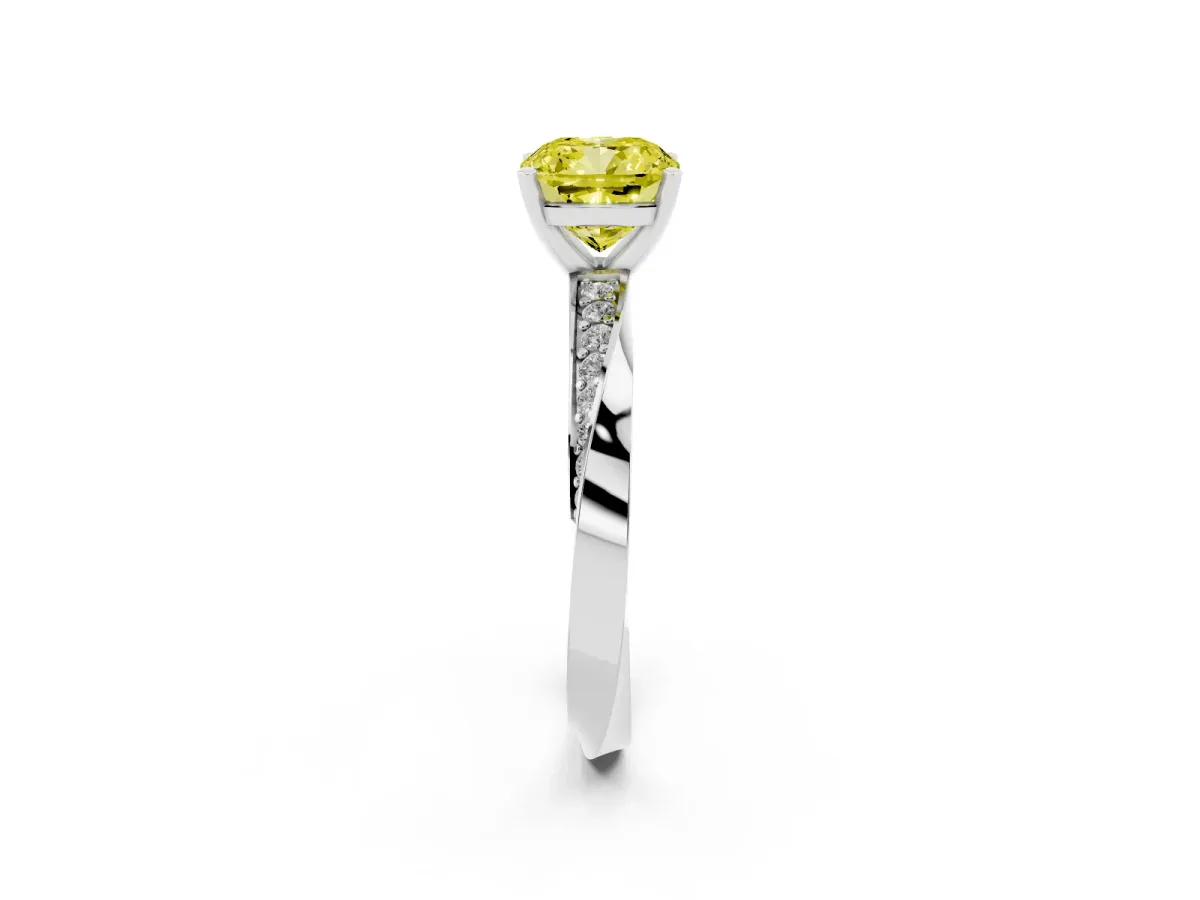 Fancy Yellow Cushion Cut Diamond Engagement Ring with Side Stone Accents and Four-Prong Setting Platinum