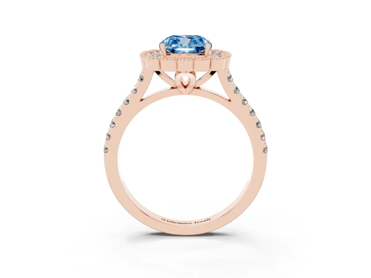 Fancy Blue Cushion Cut Cut Diamond Milgrain Floral Halo Engagement Ring with Pavé Band Rose gold