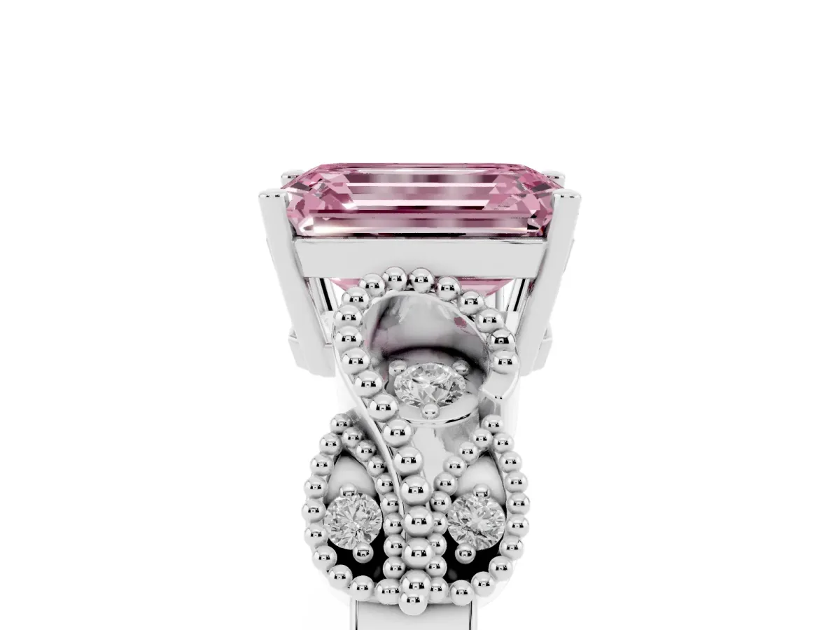 Fancy Pink Emerald Cut Solitaire Milgrain Leaf Band with Prong Setting Silver