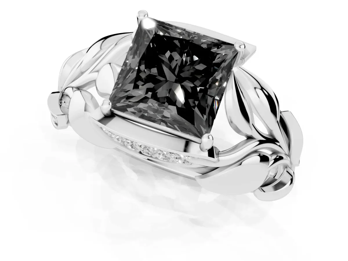 Fancy Black Princess Cut Diamond Leaf-Inspired Engagement Ring with Round Accents and Prong Setting Silver