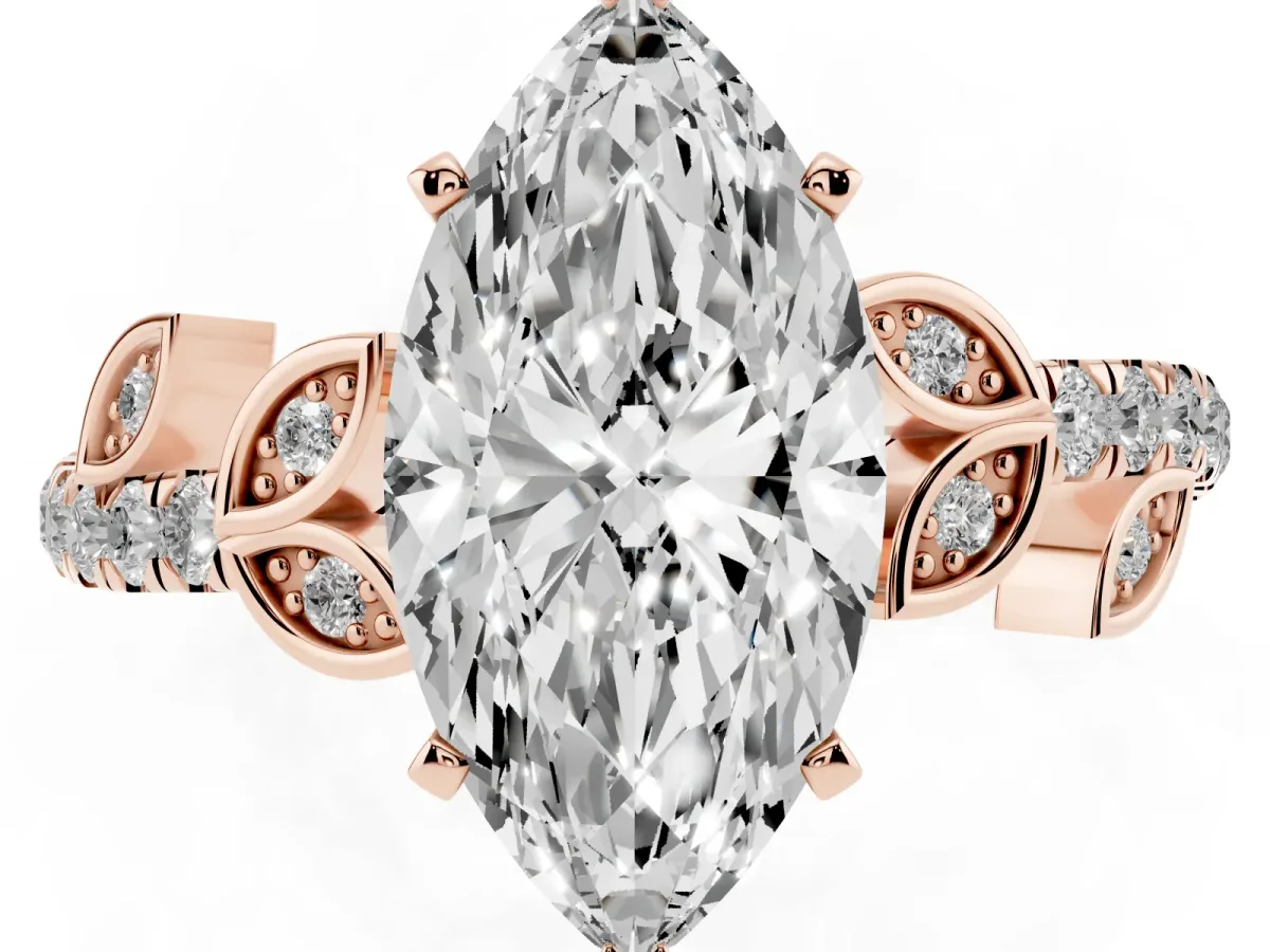 Marquise Cut Solitaire Leaf-Inspired Diamond Ring with Pavé Band and Four-Prong Setting Rose gold