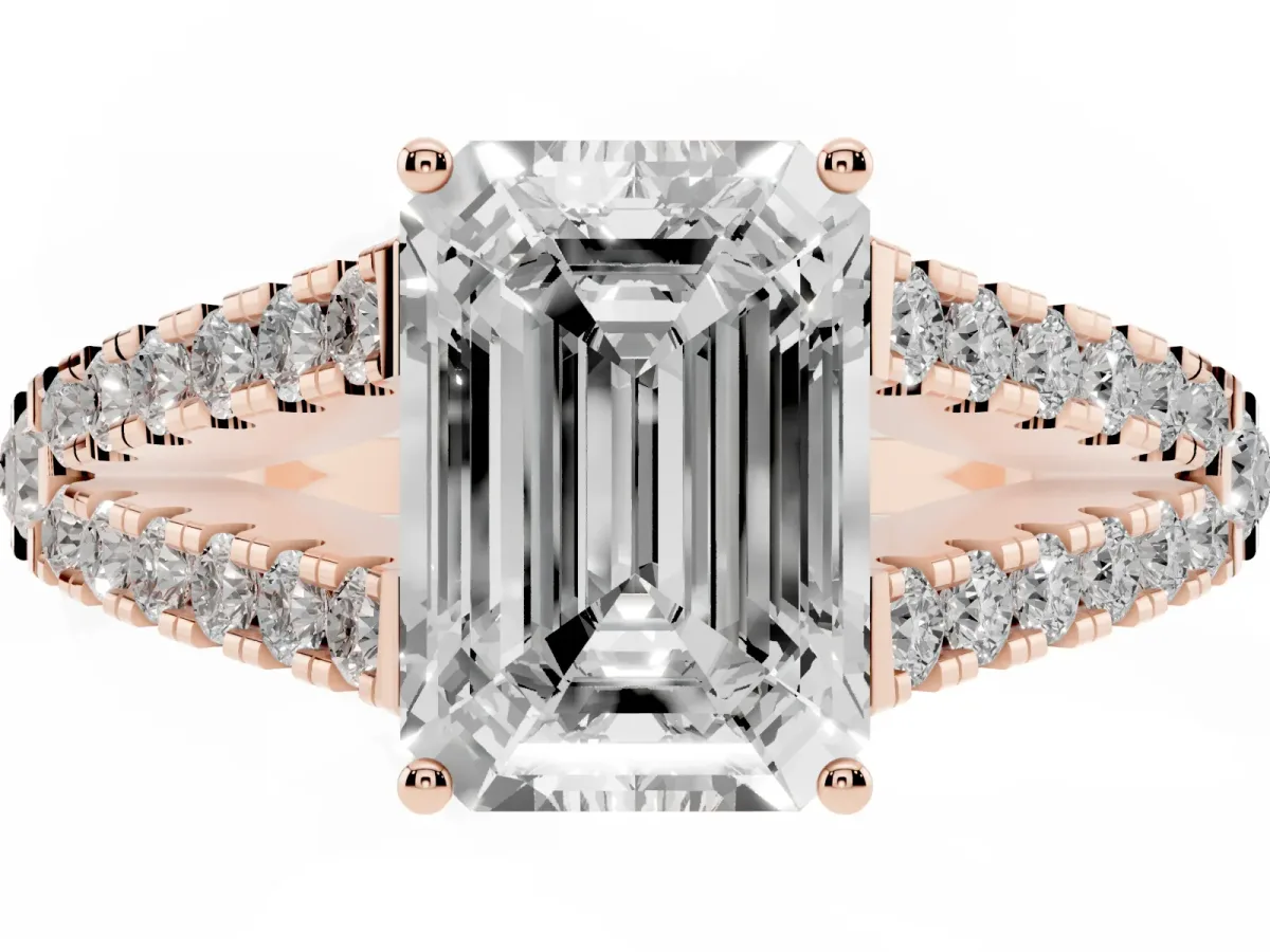 Emerald Cut Diamond Split Shank Pavé Engagement Ring with Four-Prong Setting Rose gold