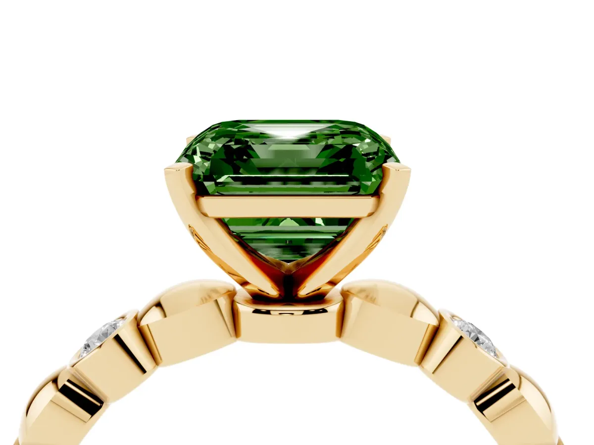 Fancy Green Asscher Cut Solitaire Bezel-Set Diamond Ring with Beaded Band and Four-Prong Setting Yellow gold